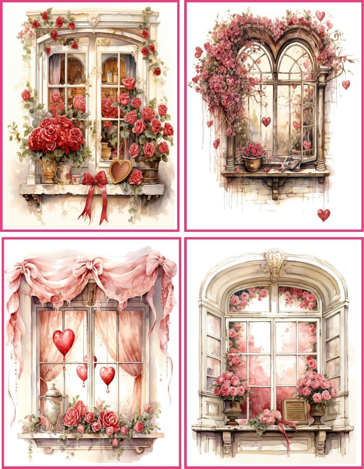 VALENTINE WINDOWS  VINTAGE VICTORIAN WATERCOLOR HEART ROSES 8 GLOSSY BLANK CARD