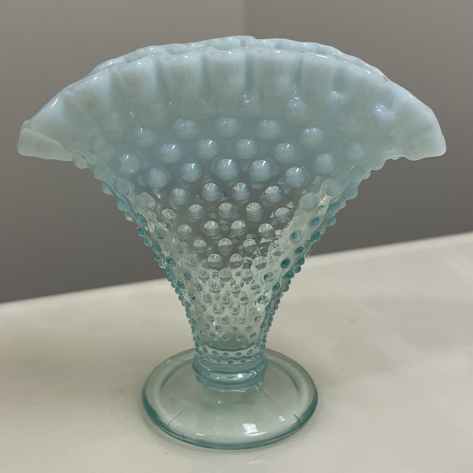 Fenton Art Glass Light Blue Opalescent Hobnail Fan Vase Ruffled Vintage