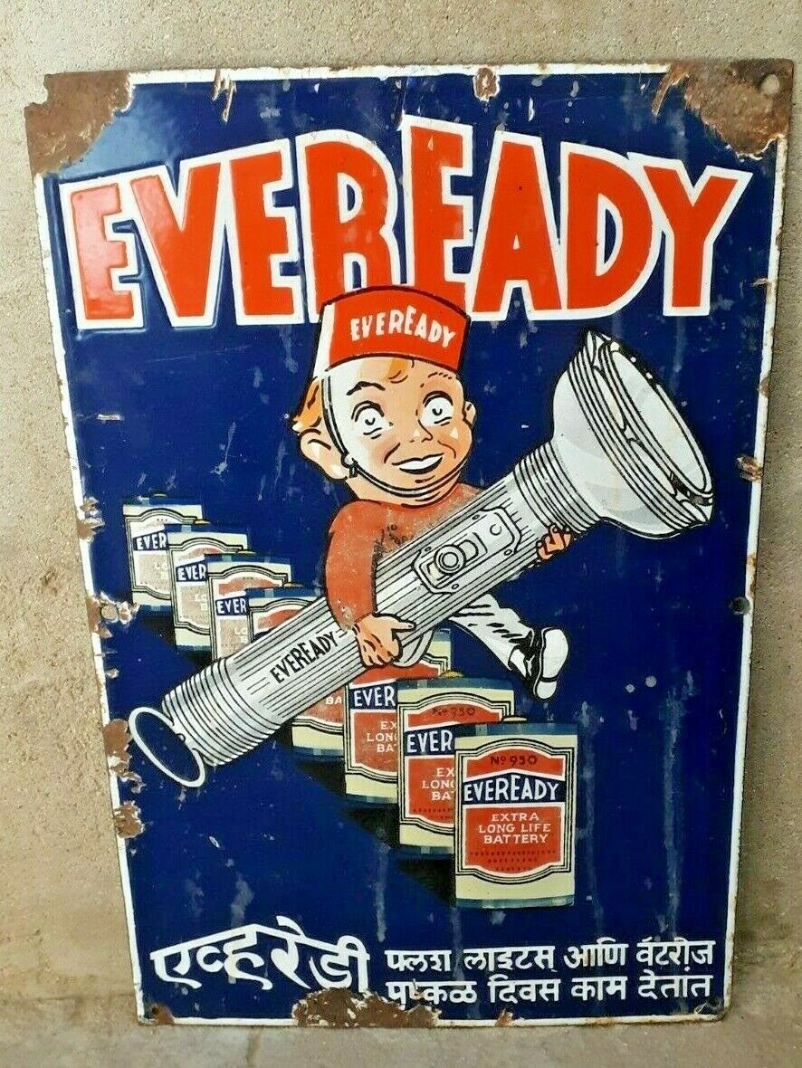 Rare Eveready Torch & Battery Ad Porcelain Enamel Sign Board Flash Light No.950