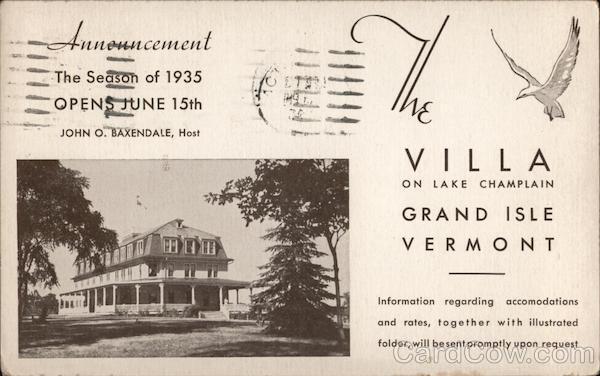 1935 Grand Isle,VT Villa on Lake Champlain Vermont Antique Postcard 1c stamp