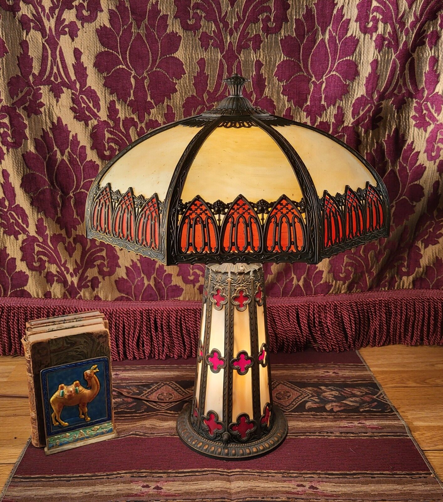 Gothic Obverse Painted Slag Glass Lamp with Lighted Base