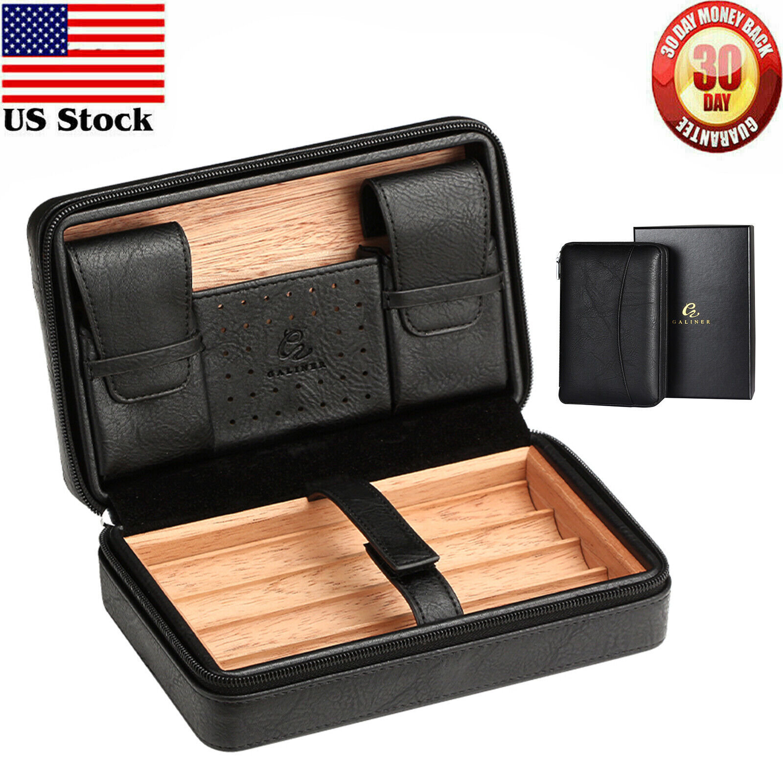 Galiner Travel Cigar Humidor Leather Case Cedar Wood Lined Holds 4ct W/ Gift Box
