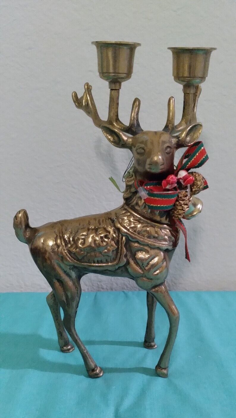 VTG MCM Brass Deer Reindeer Candle Holder Figurine Buck Regal Decorated Solid 9”