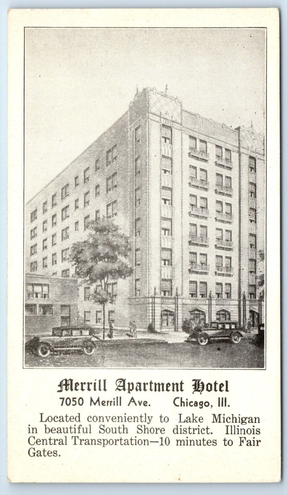 Postcard Merrill Apartment Hotel, 7050 Merrill Ave, Chicago IL F113