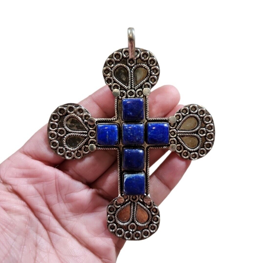 Vtg 70s Sterling Medieval Necklace Lapis Cross Pendant Jewelry 4.25\