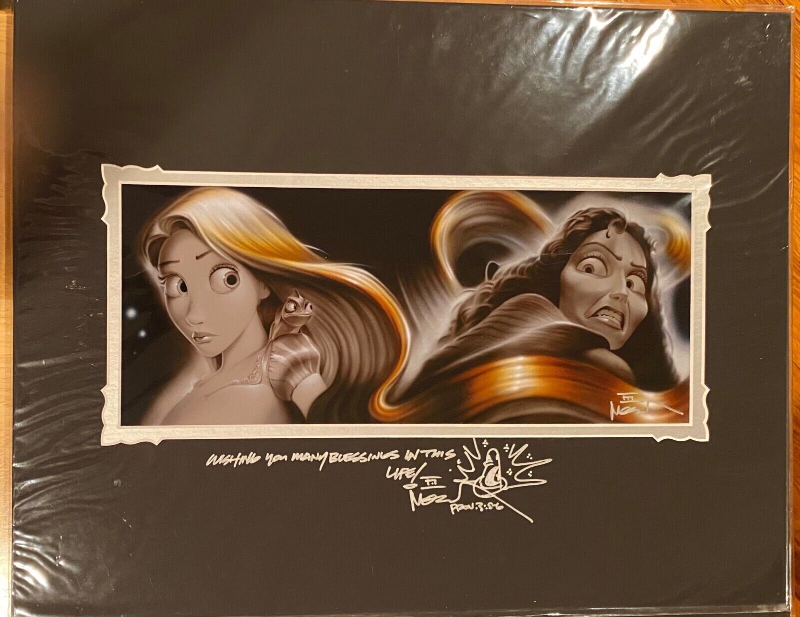 RARE NEW DISNEY MATTED ART PRINT TANGLED SIGNED AND INSCRIBED BY NOAH ARTIST