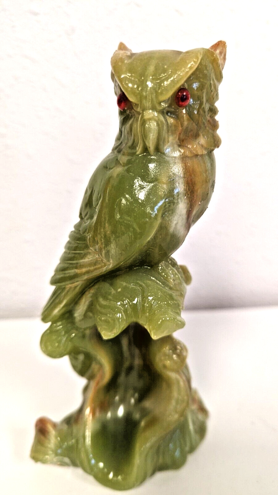 Vintage 60s 70s Carved Green Lucite/Resin Owl on branch signed figurine MCM bird