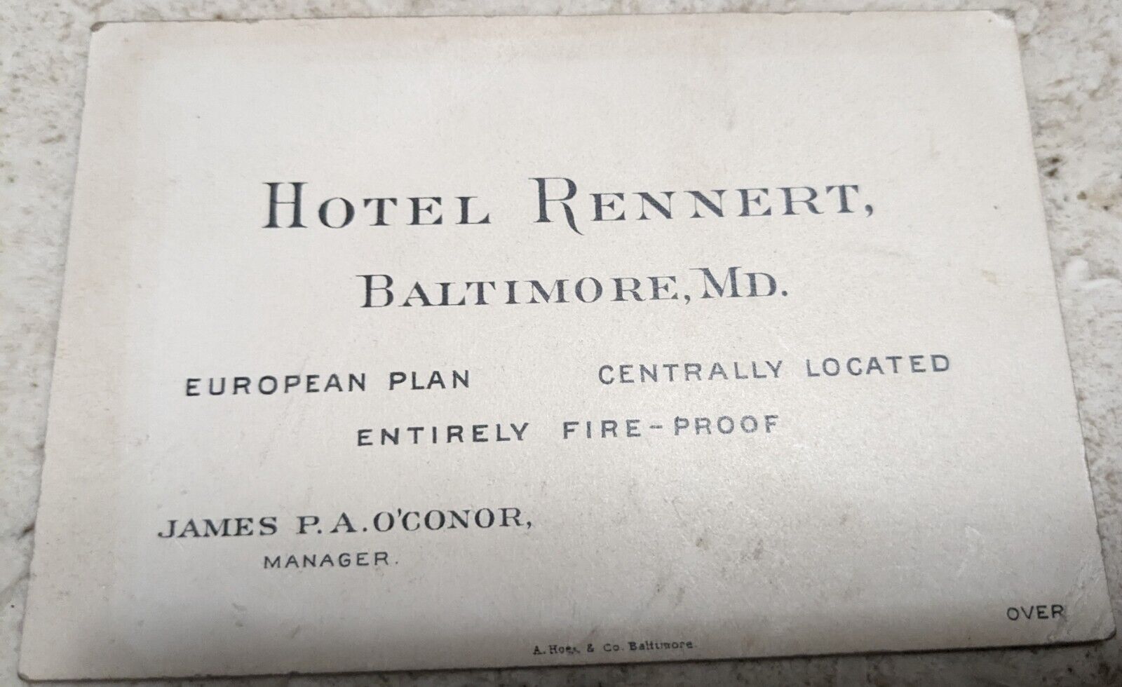*RARE* VICTORIAN TRADE CARD HOTEL RENNERT JAMES P.A. O'CONNOR BALTIMORE, MD