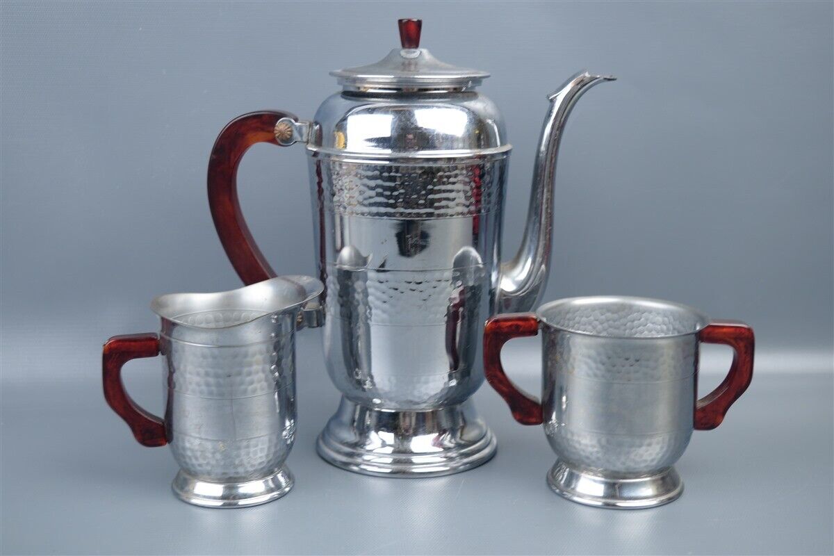 Vintage Mid Century Tea Pot Creamer & Sugar Hammered Stainless Steel Chrome