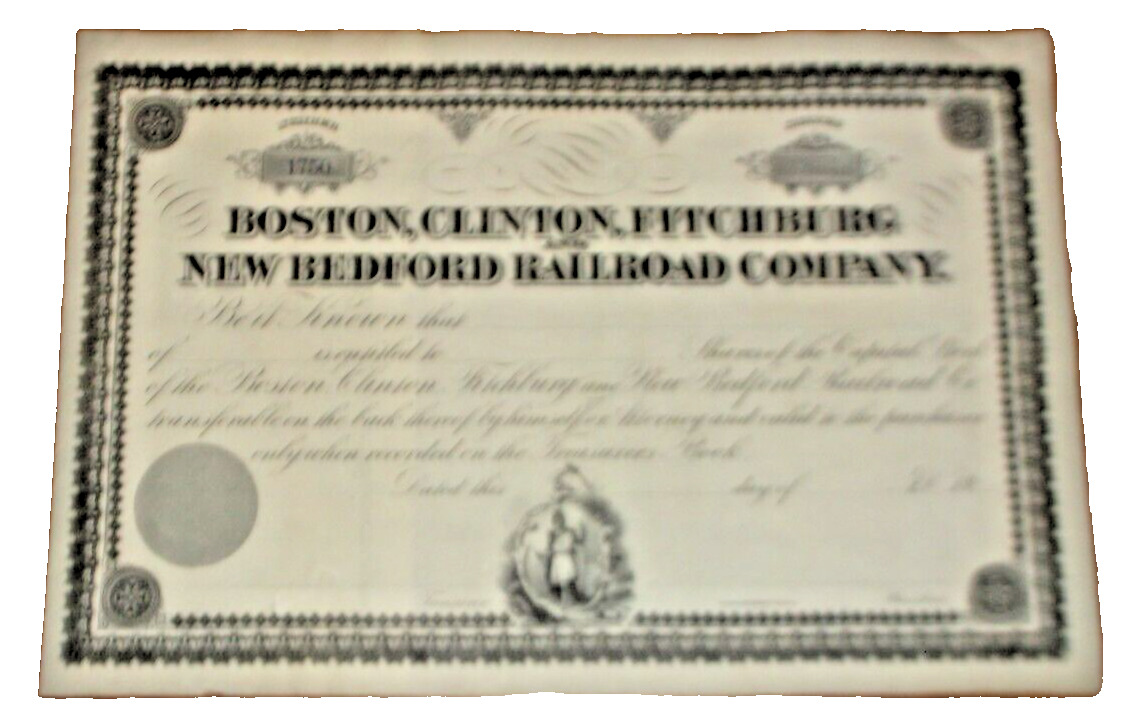 1869 BOSTON CLINTON & FITCHBURG UNISSUED STOCK CERTIFICATE