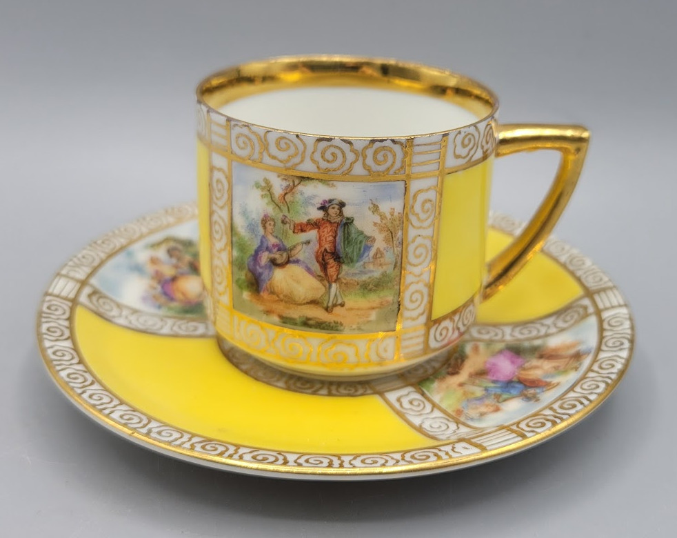 Vintage Czechoslovakia Porcelain DEMITASSE Gold Gilt Yellow Tea Cup & Saucer Set