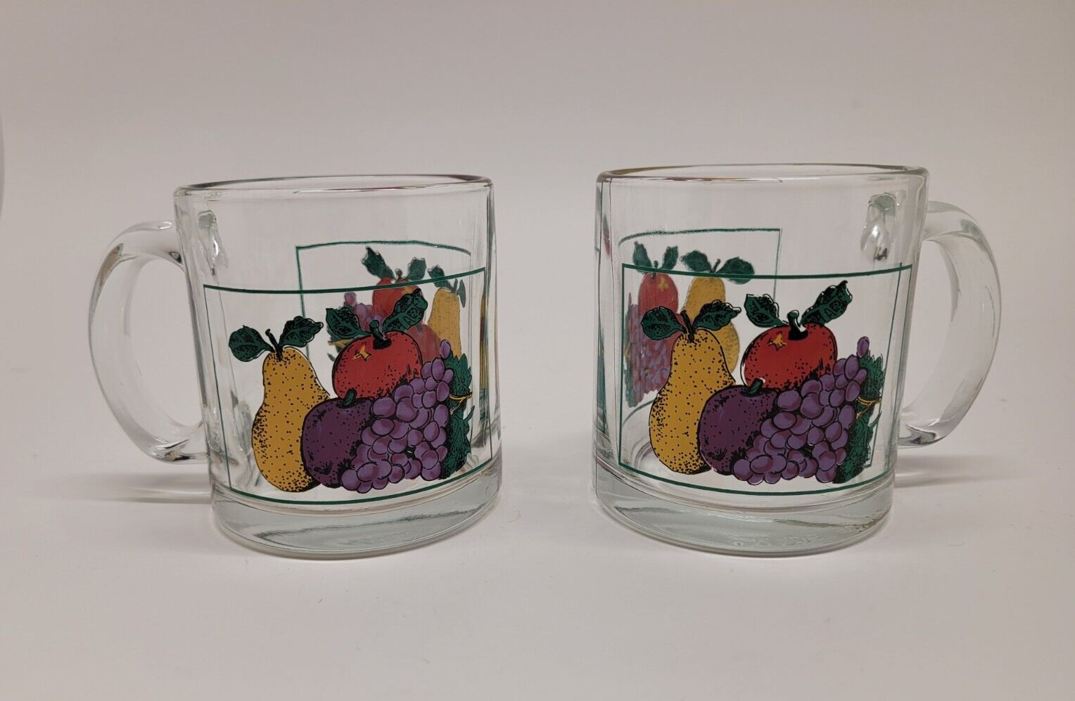 Vintage Pair of Heavy Clear Glass Mugs with Fruit Design - Made in the USA