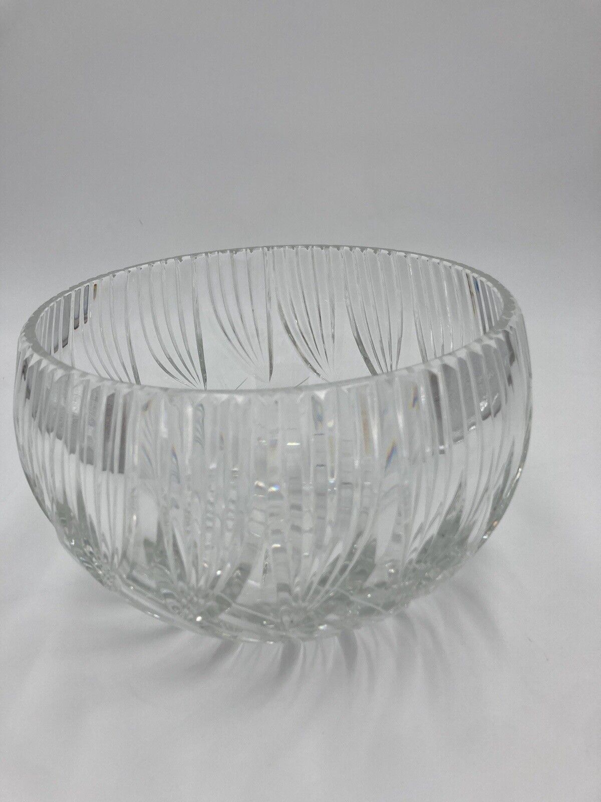 Large Vintage Clear Heavy Lead Crystal Bowl Vertical Swirl Cut Pattern 7”