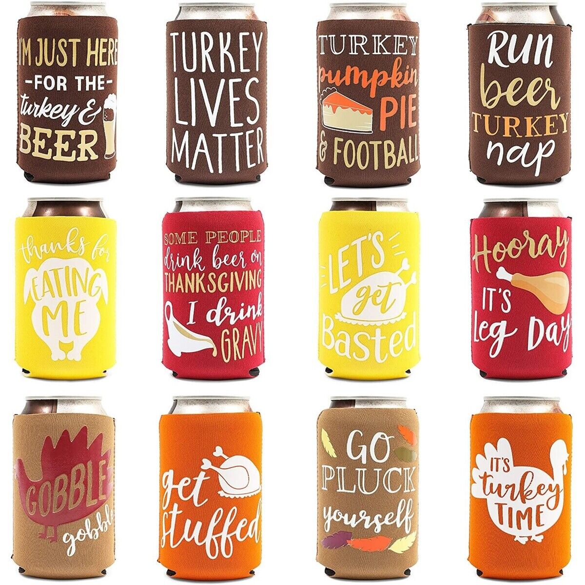 12x Thanksgiving Can Sleeves for Beer Soda Cold Drink, Fall Party Supplies, 12oz
