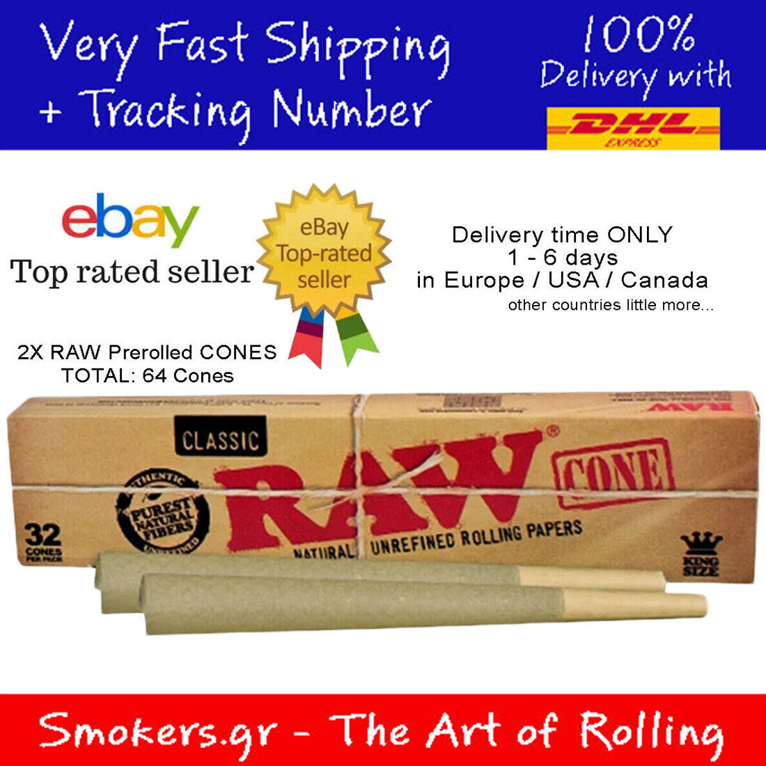 2x RAW Classic Pre-Rolled Cones King Size - Pack of 32 Cones Total: 64 Cones