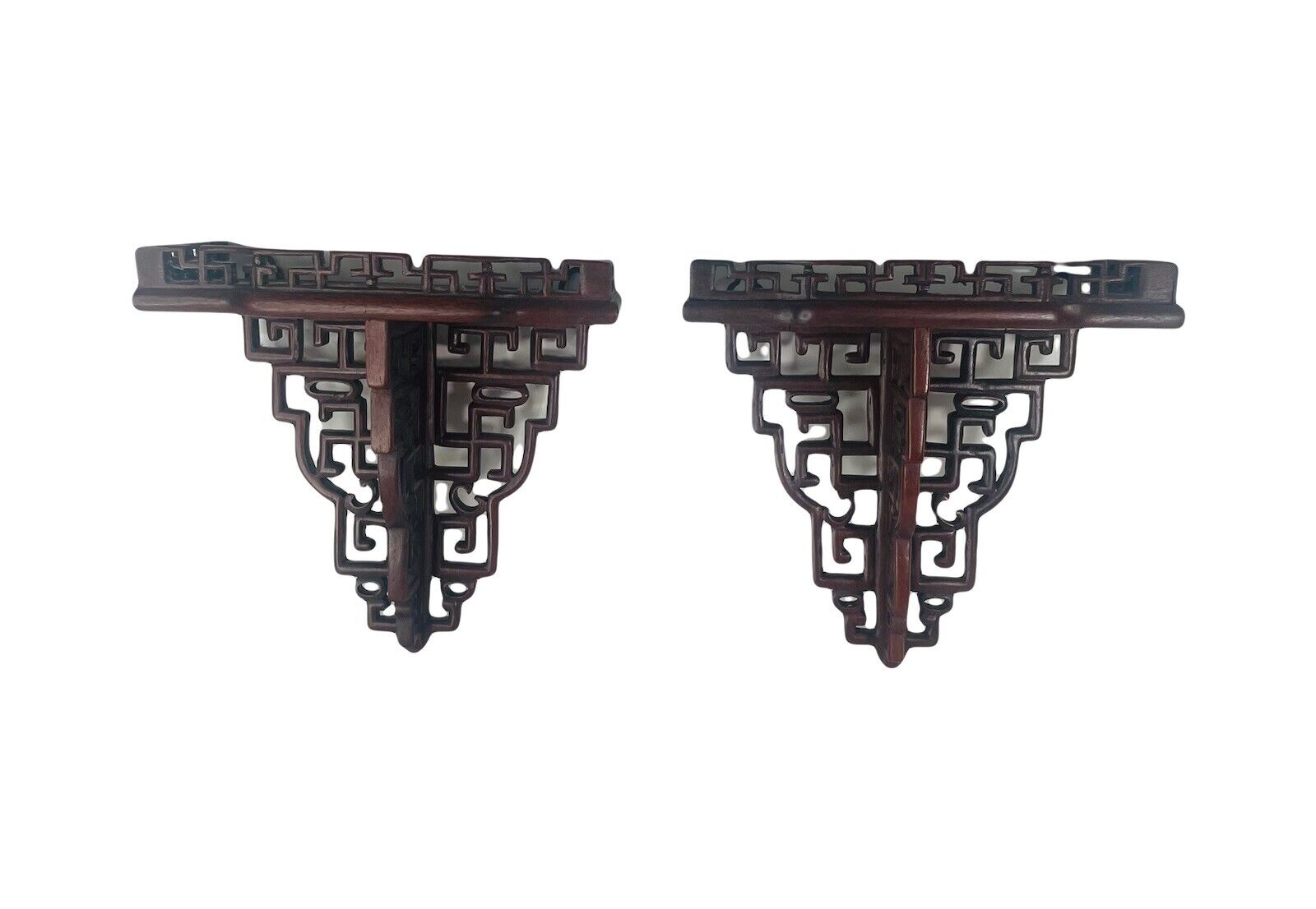 Chinoiserie Pair Rosewood Carved Wall Shelves Sconces 9\
