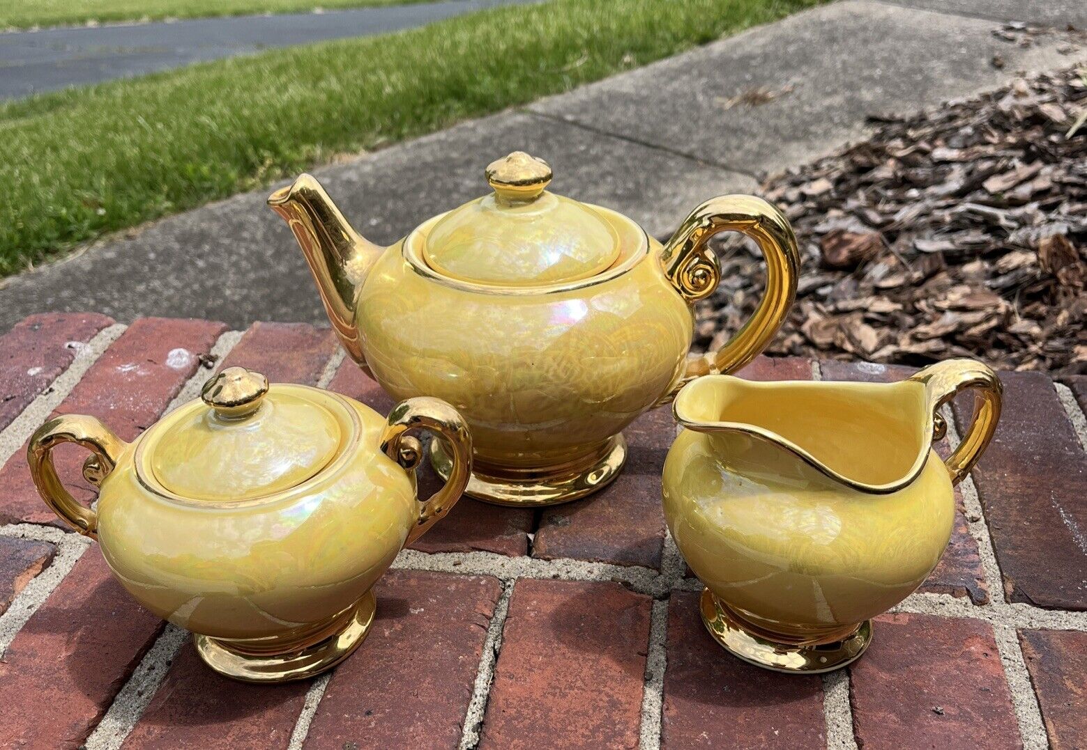 Vintage Acme Craftware 22KT Gold Trim Teapot, Sugar & Creamer Set