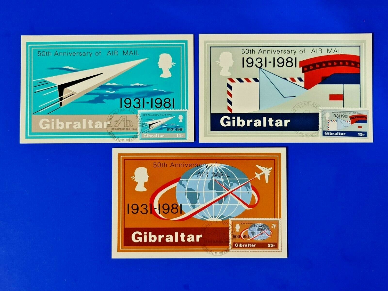 Gibraltar Set of 3 First Day Issue Postcards, 50th Anniversary of Air Mail WR7