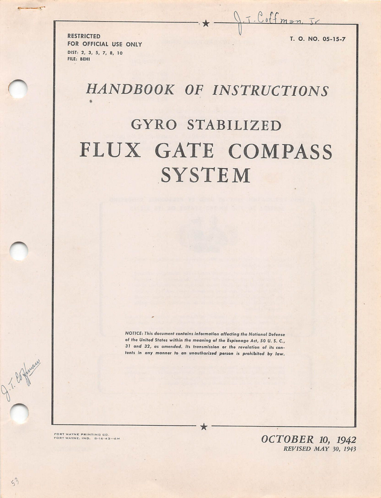 1943 Handbook of Instructions Flux Gate Compass System Flight Manual  - CD
