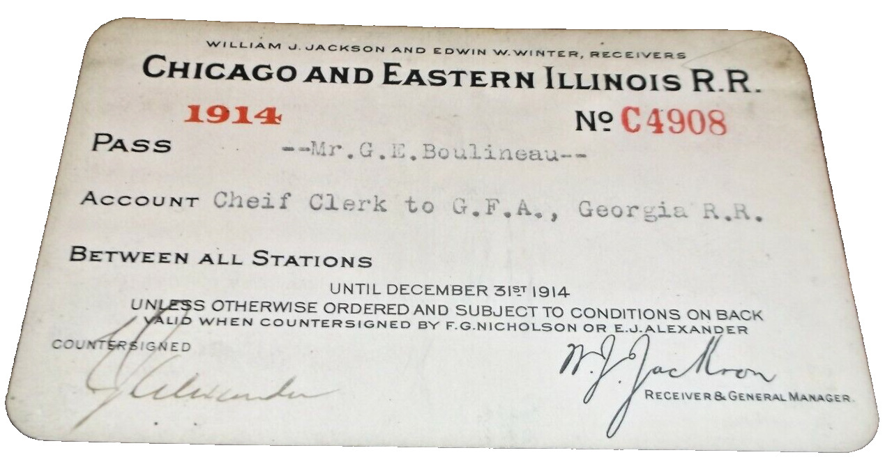 1914 C&EI CHICAGO & EASTERN ILLINOIS RAILWAY EMPLOYEE PASS #4908