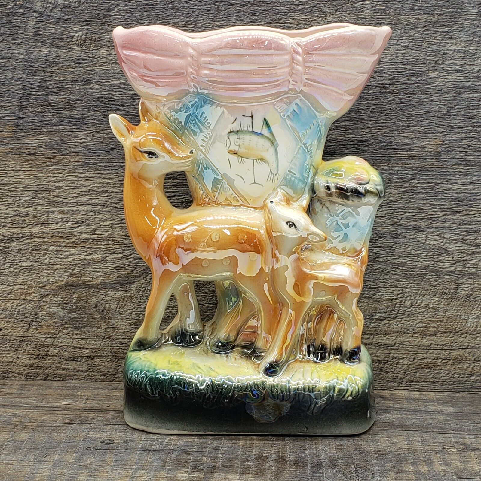 Vintage Mid-Century Luster Ceramic Deer And Fawn Vase 8.75\