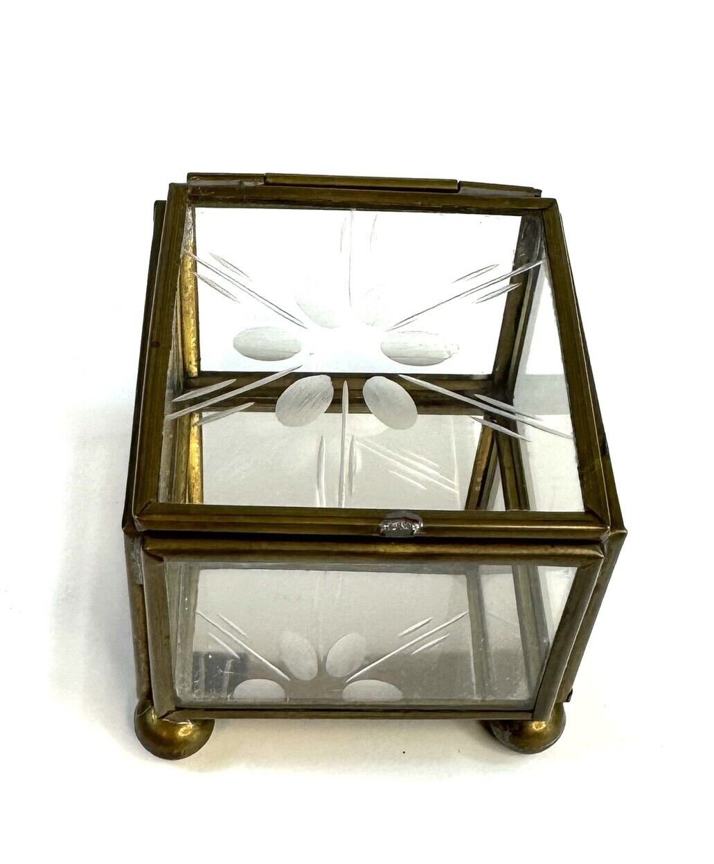 Vintage Glass Trinket Jewelry Box Brass Hinged Lid Etched Flower Mirror