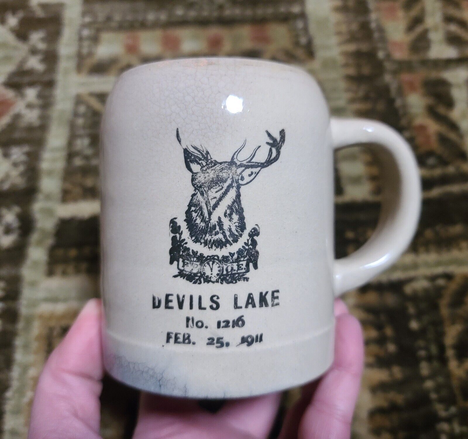 Antique Feb 25, 1911 DEVIL'S LAKE Elks Lodge 1216 Stoneware Mug North Dakota