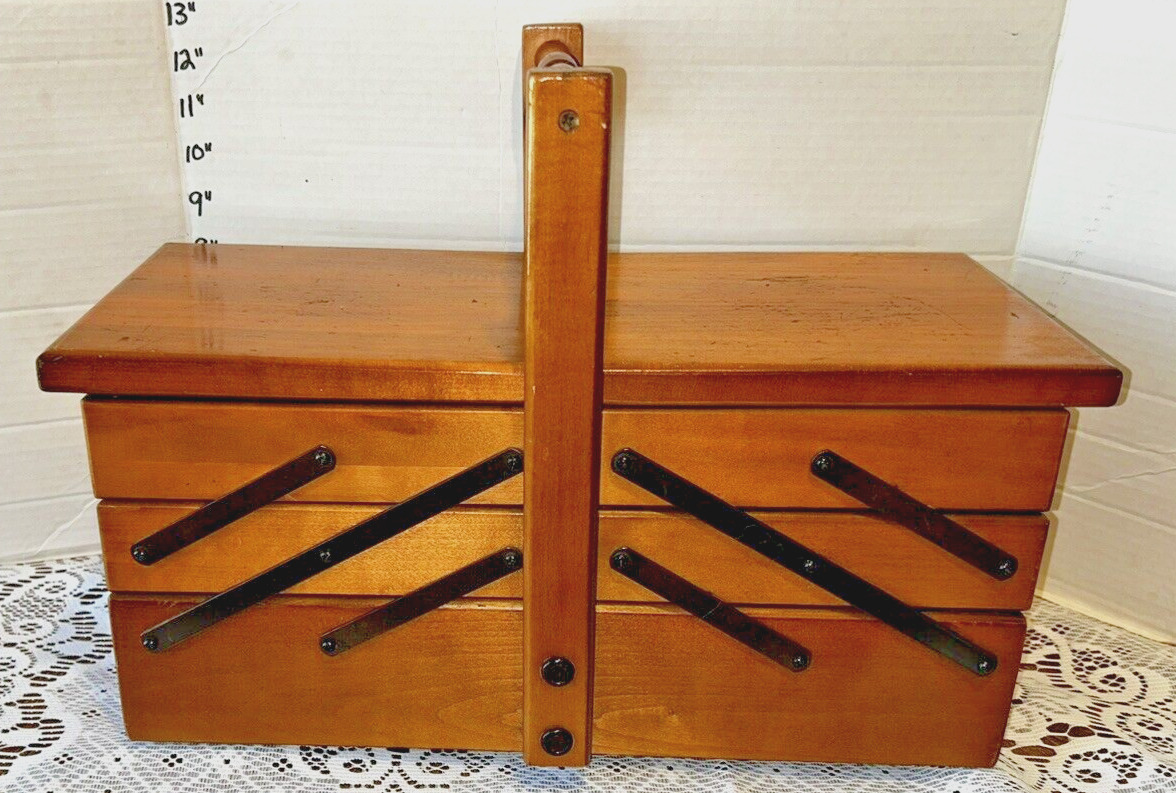 Vintage Accordion Style Wood Sewing Box Open to 46\