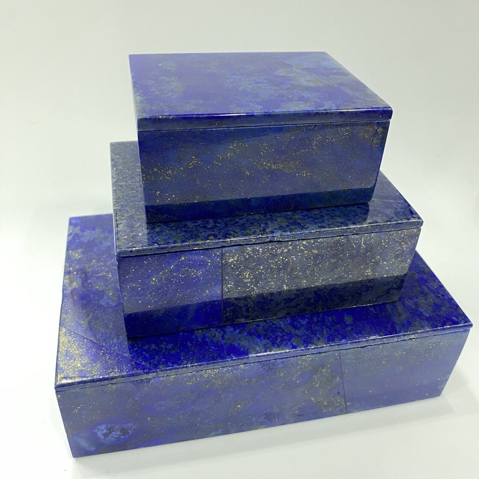 Set of 3 New Lapis Lazuli Jewelry Boxes Natural Color Hand Carved Crystal Stone