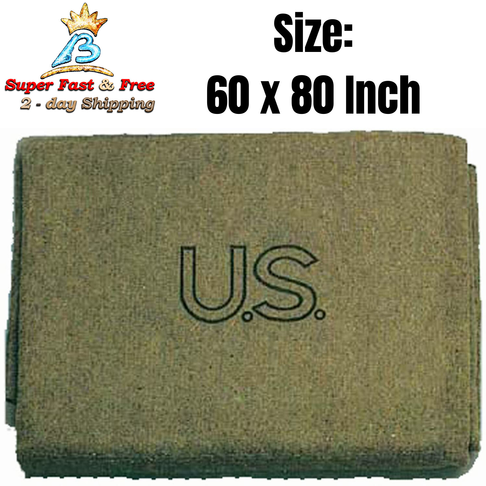 Wool Blanket Military Style Us Green Olive Vintage Drab Genuine 60 x 80 Inch New