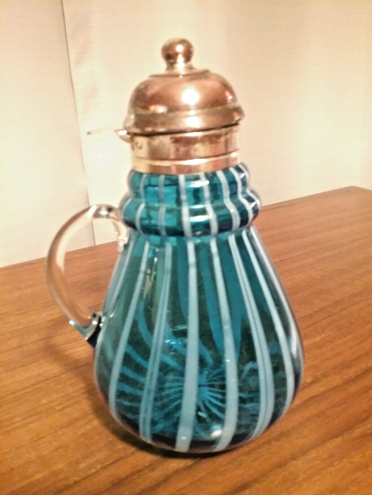 ANTIQUE HOBBS AND BROCKUNIER BLUE AND WHITE SPIRAL BLOWN GLASS SYRUP PITCHER