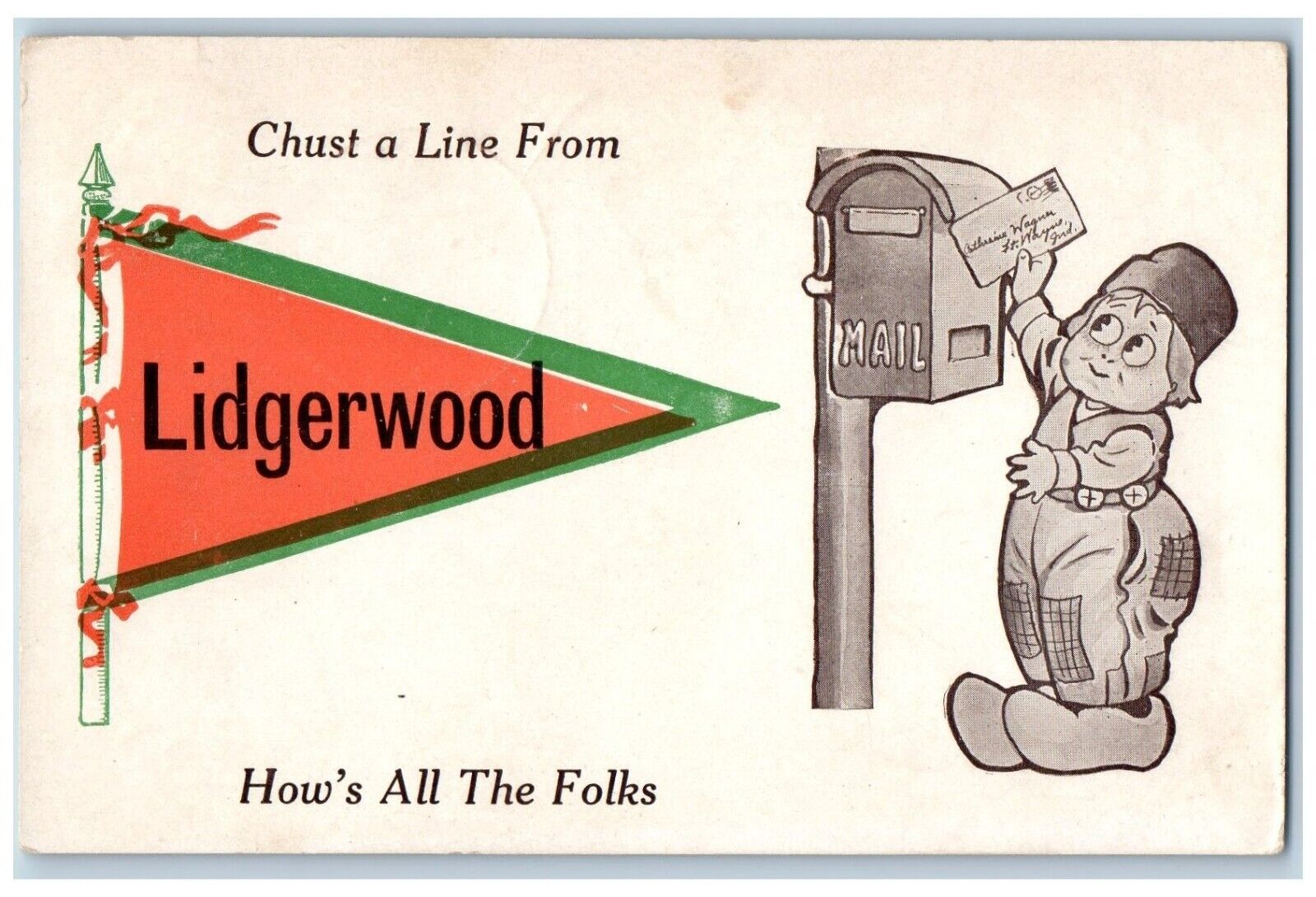 Lidgerwood North Dakota Postcard Mailbox Pennant Dutch Kid Letter 1913 Vintage