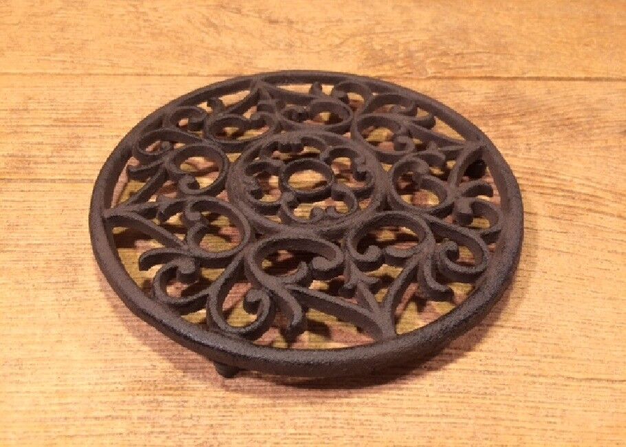 Decorative Round Cast Iron Trivet Ornate 7 3/8\