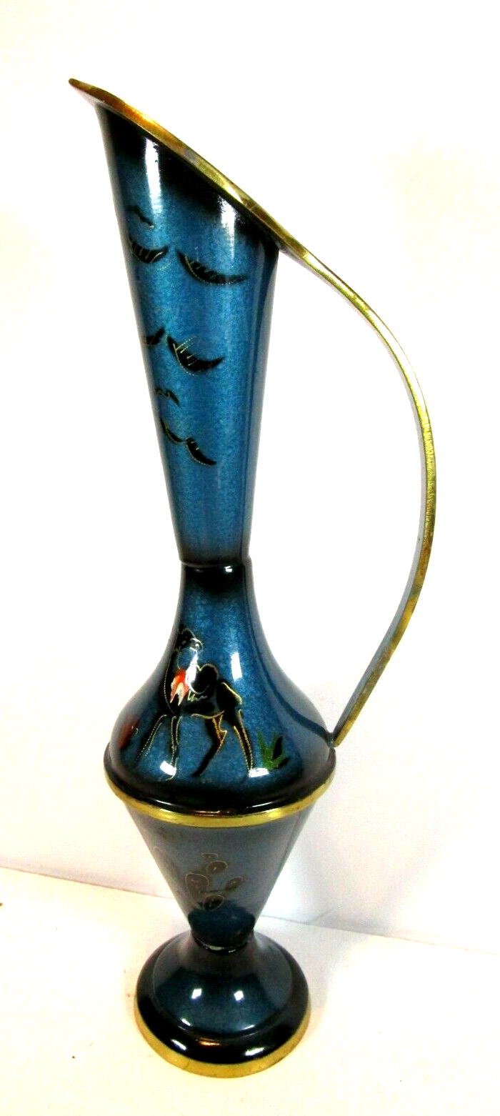 Vintage Brass Blue Enamel Ewer Vase Pitcher Isreali Made Handpainted 11.5\