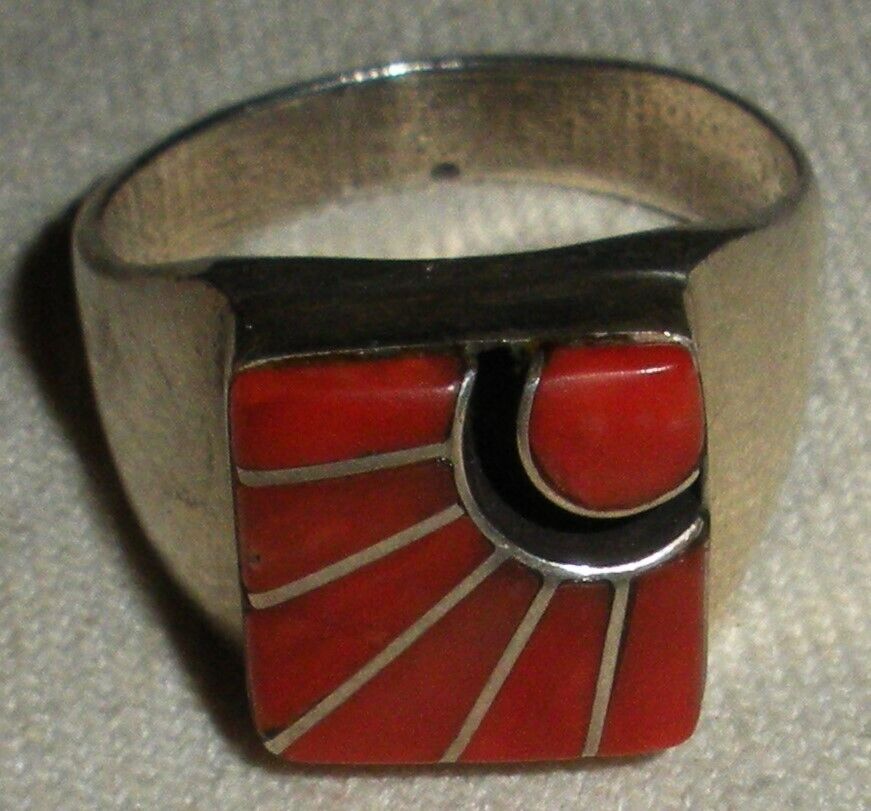 VINTAGE ZUNI AMY QUANDELACY SUNRAY CORAL STERLING SILVER RING SIZE 10 vafo
