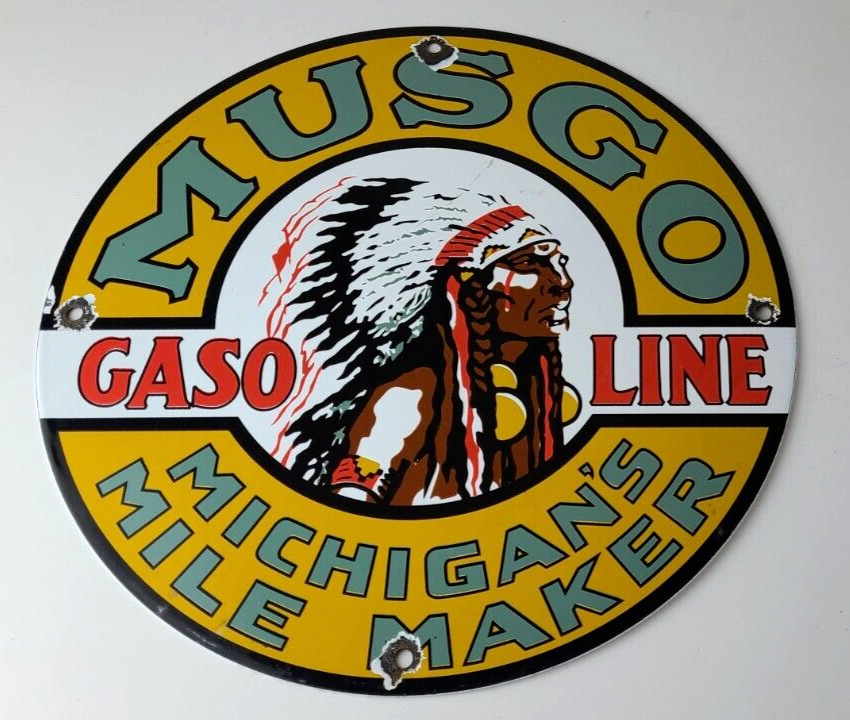 Vintage Musgo Gasoline Sign - Gas Motor Oil Pump American Indian Porcelain Sign