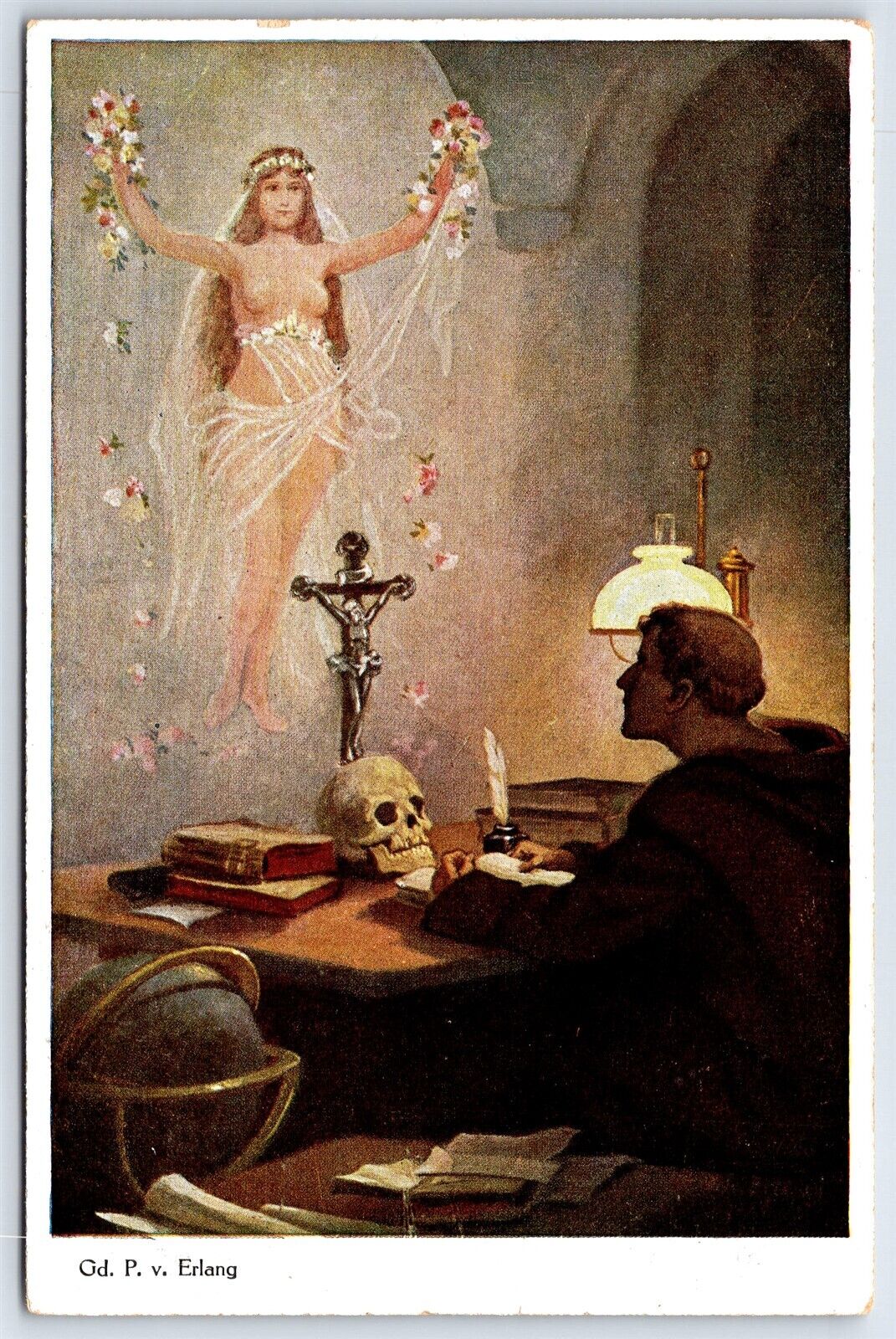Postcard The Vision Skull Monk Nude Woman Apparition a/s Erlang c1910s AP10