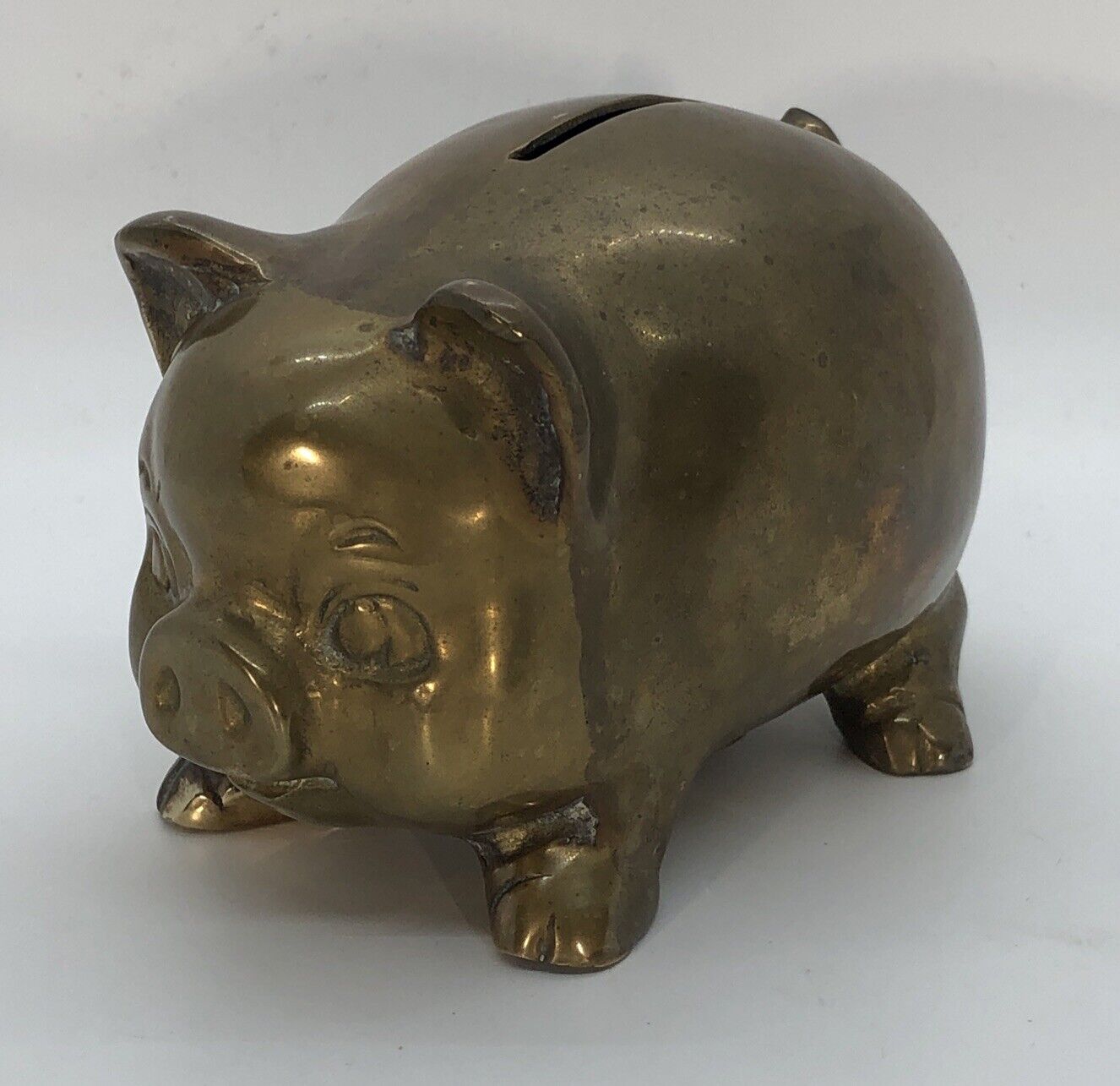 Vintage Brass Pig Piggy Coin Bank W/ Brass Closure Plate Farm Figurine