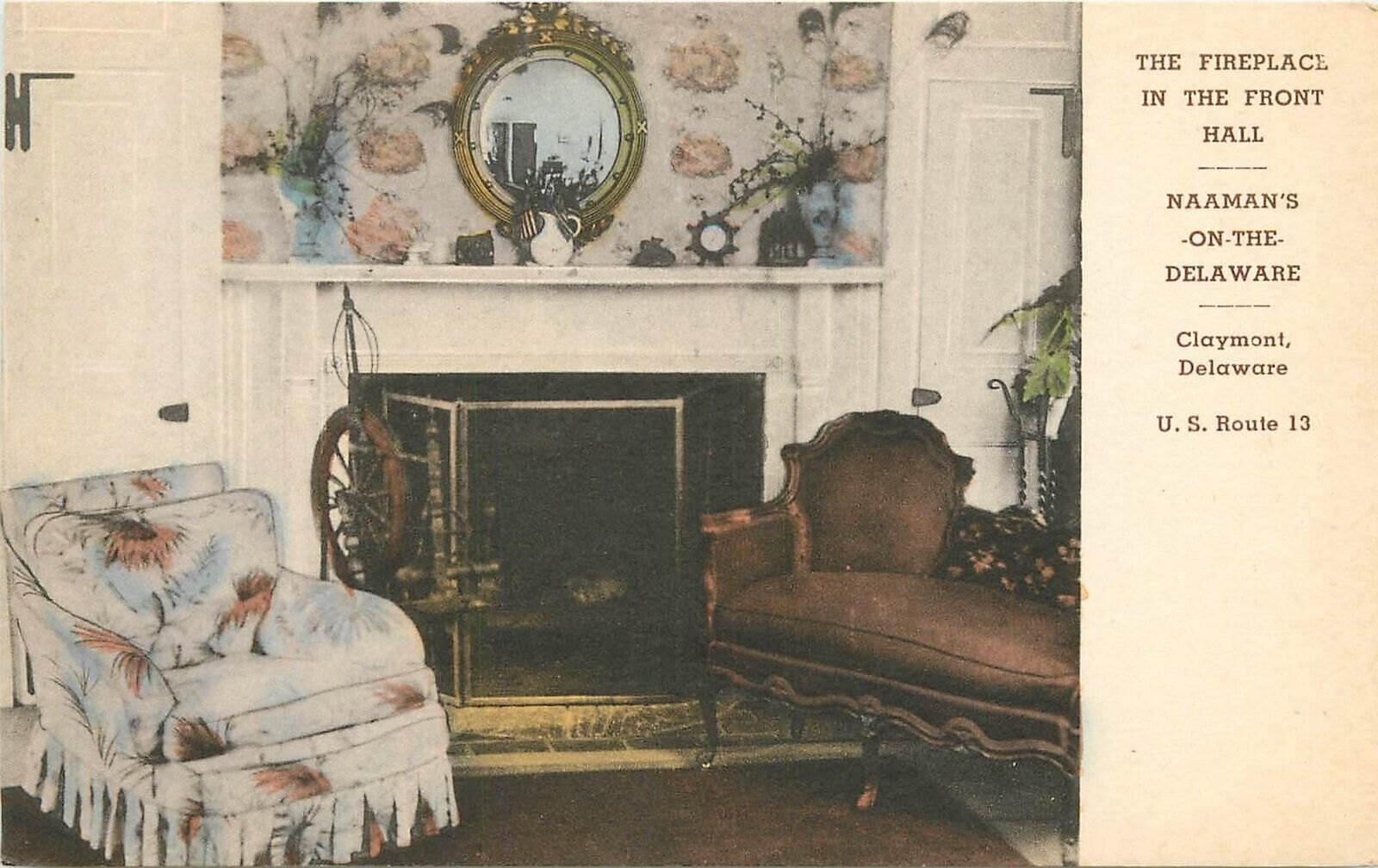 Postcard 1920s Claymont Delaware Naaman\'s Hotel Fireplace Merrill 22-13681