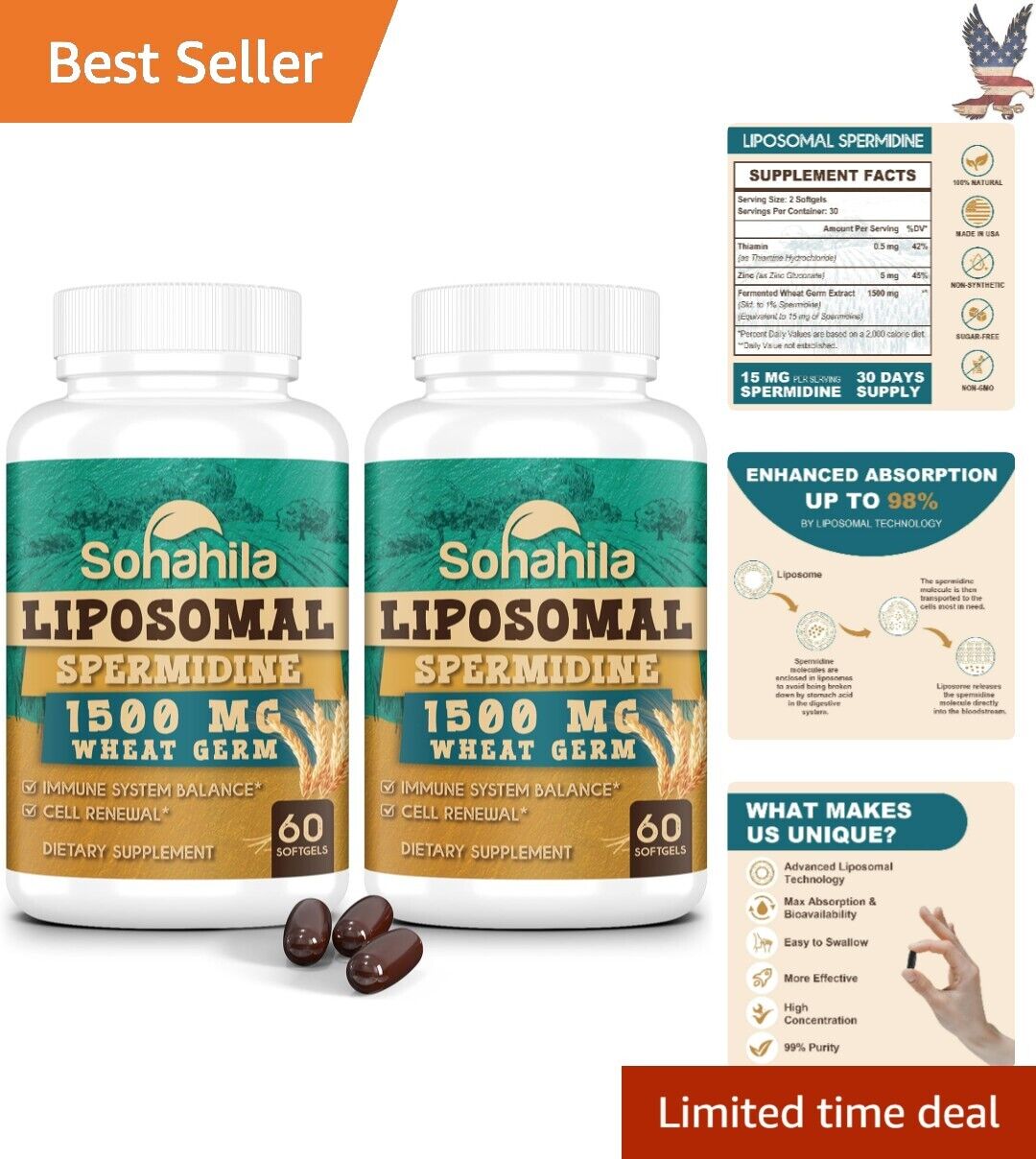 Advanced Liposomal Spermidine Supplement - Fermented Premium 15mg, 120 Count