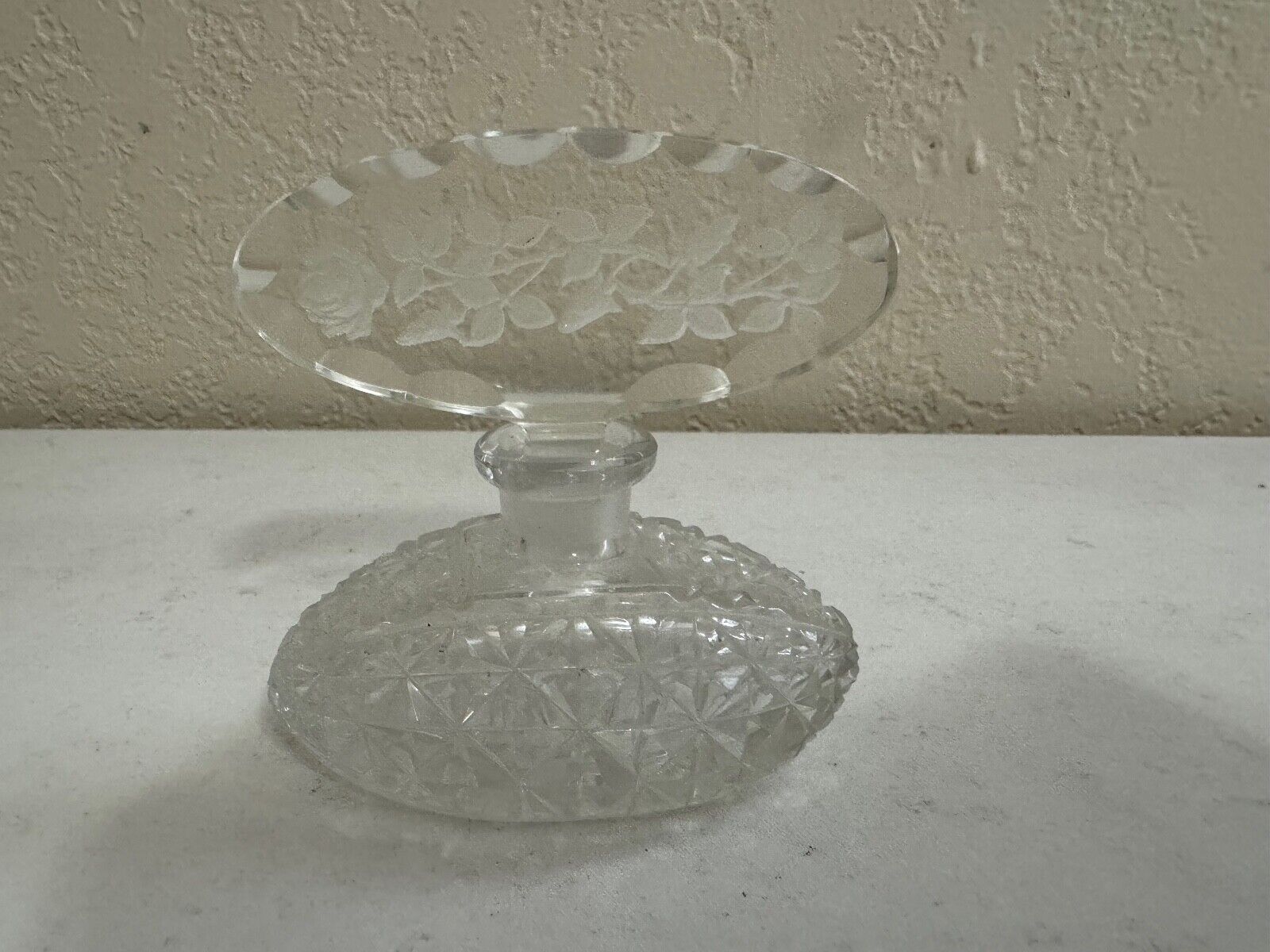 Vintage Czech Clear Glass or Crystal Oblong Perfume Bottle Intaglio Rose Stopper