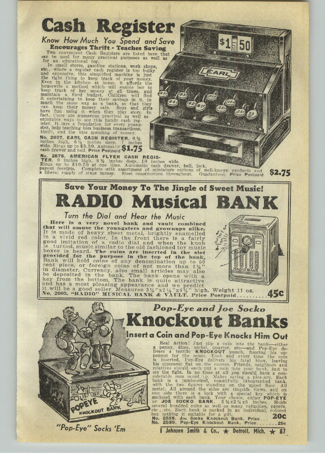 1940 PAPER AD Popeye Joe Socko Boxing Knockout Bank Banks Cash Register Radio