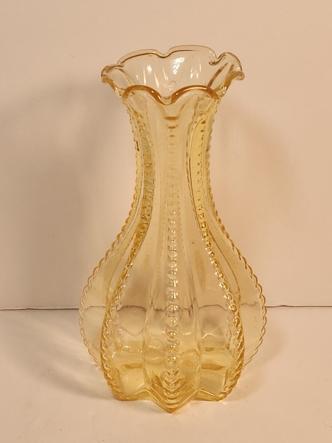 Imperial Bud Vase Beaded Yellow Glass Ruffled Fluted Vintage
