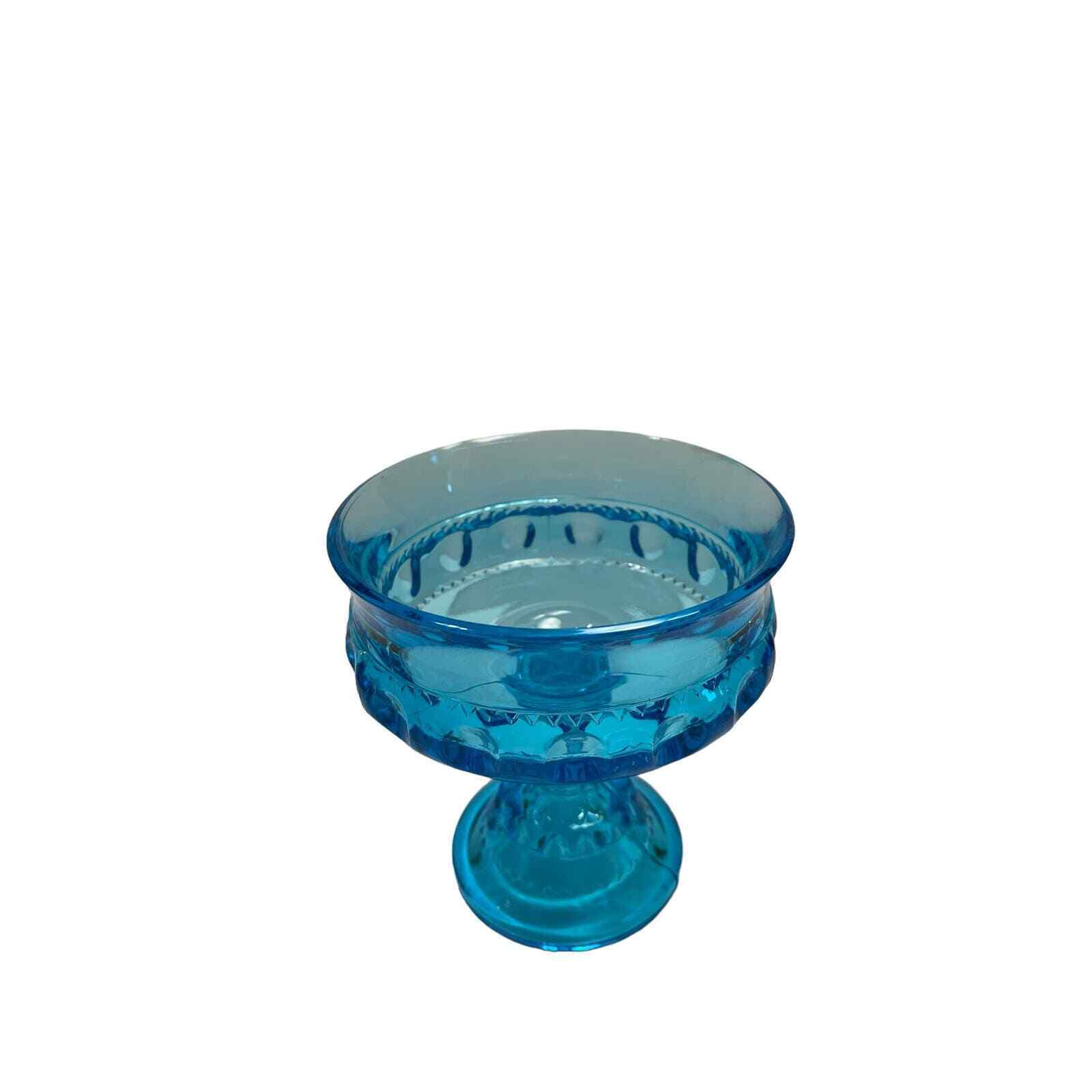 Vintage Indiana Glass Kings Crown Pattern Compote in Turquoise Blue