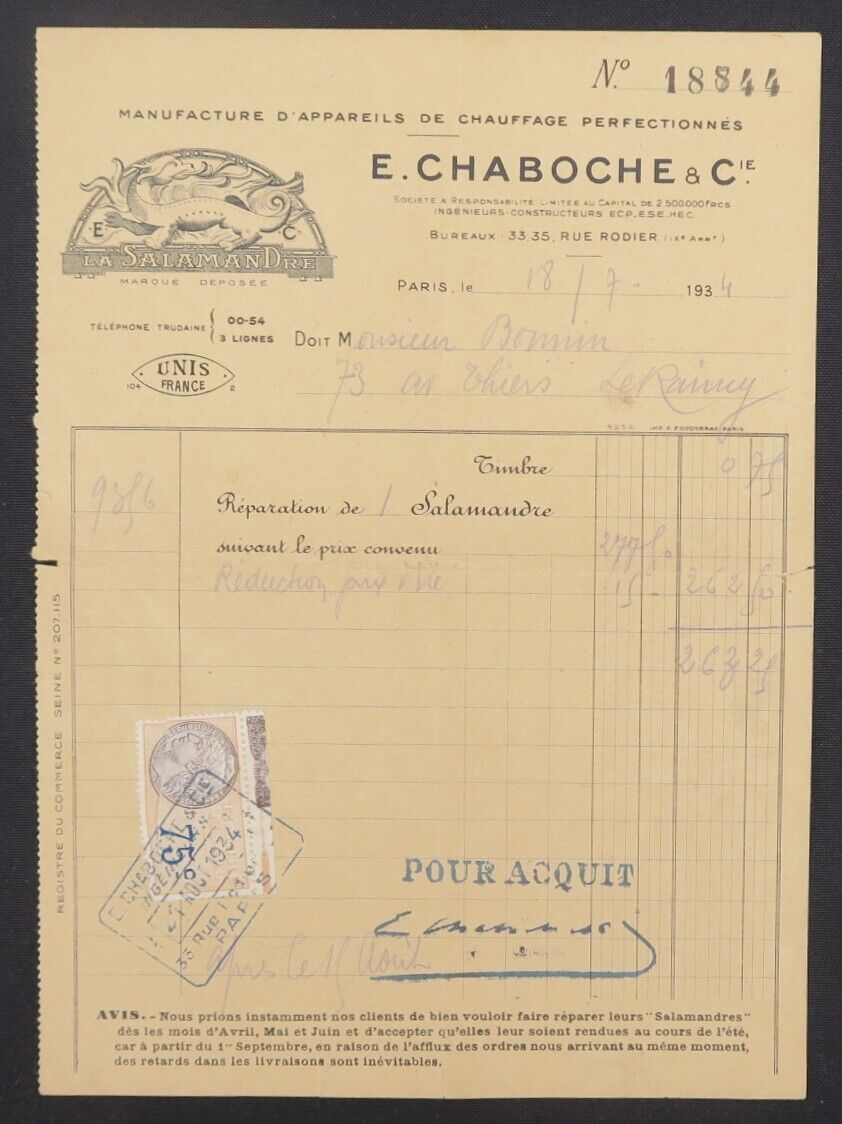 1934 invoice PARIS LA SALAMANDRE heating CHABOCHE illustrated billhead 103