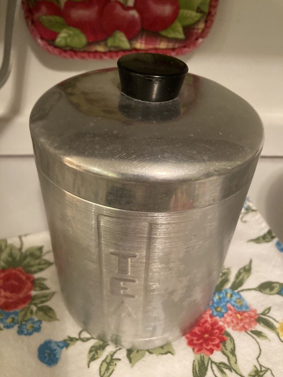 Vintage MCM Spun Aluminum Canister Tea Black Handle