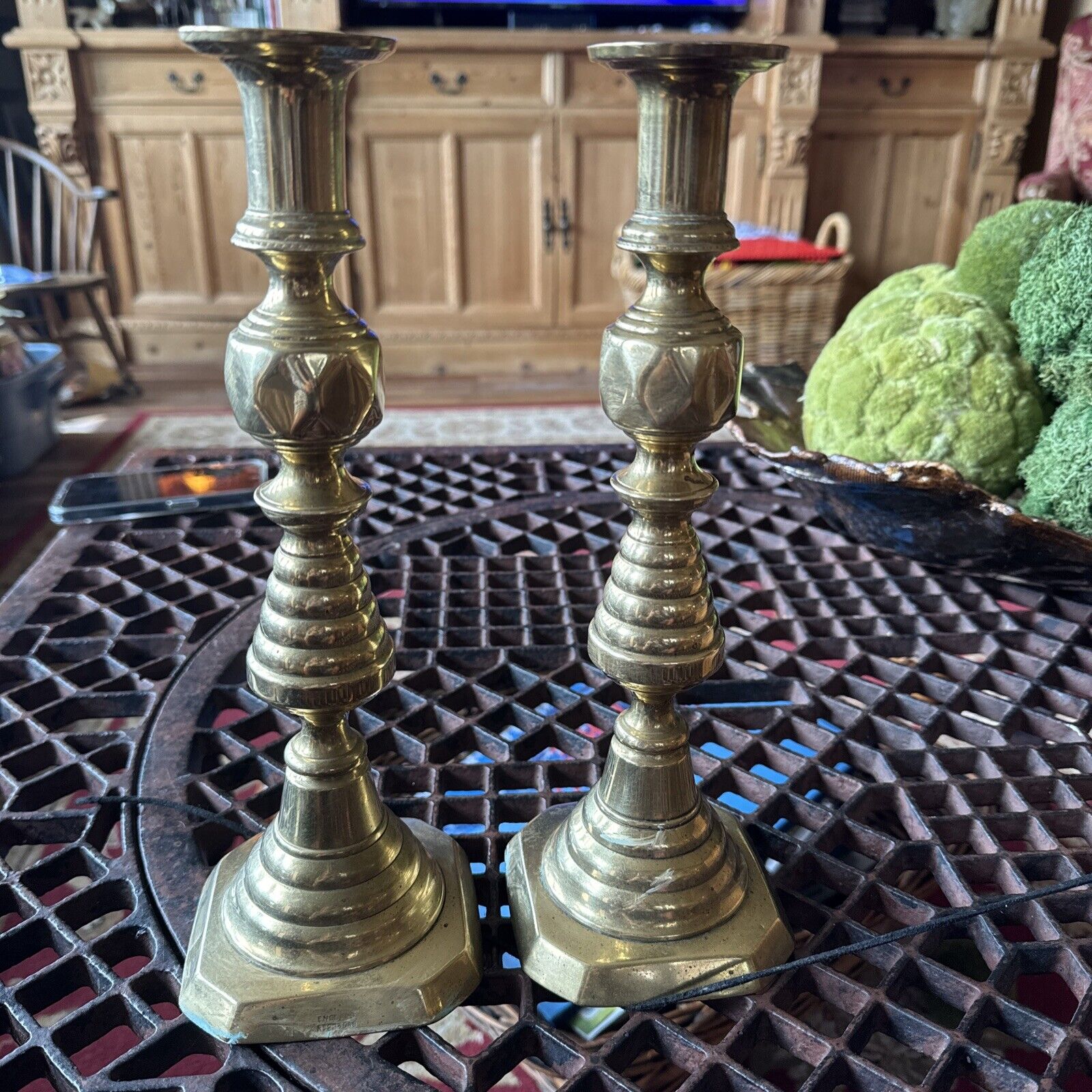 Victorian English Solid Brass Diamond Bee Hive Candle Sticks Pushup. Signed-mint