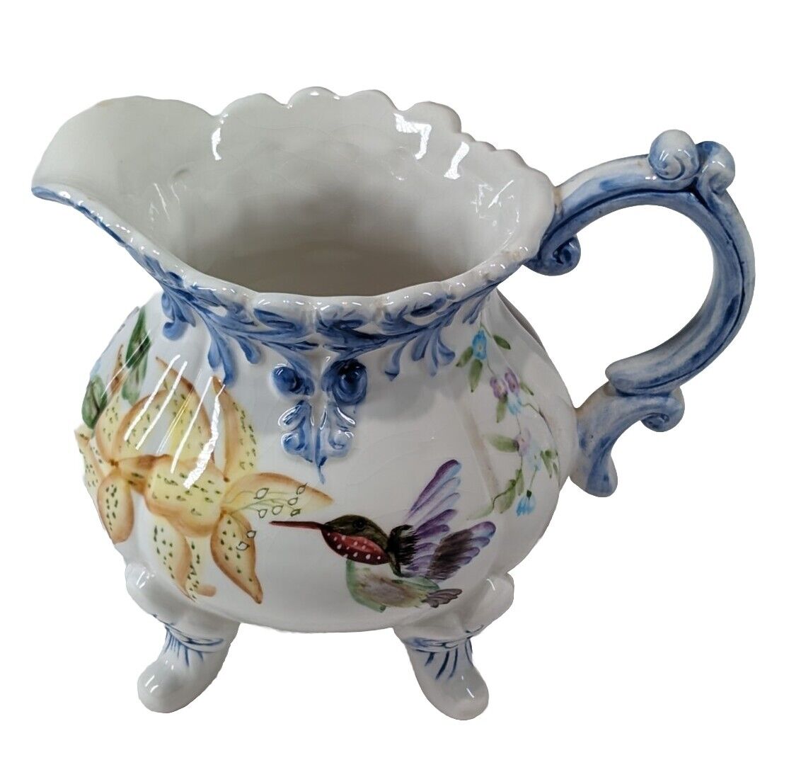Ceramic Creamer / Pitcher W/ Painted Hummingbird & Flowers Ornate Handle 5\