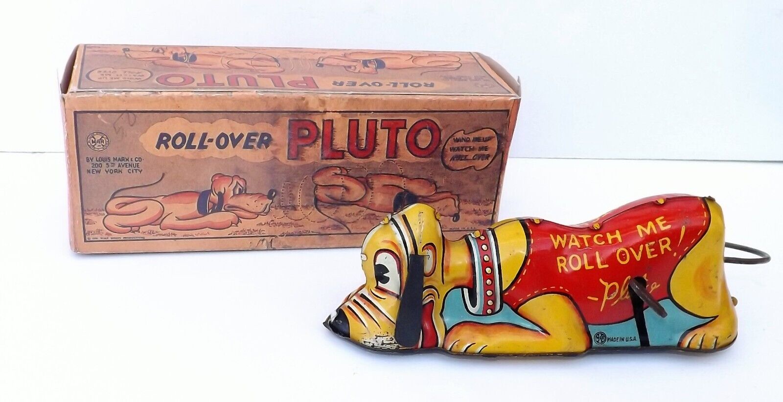 VINTAGE 1939 MARX DISNEY ROLL OVER PLUTO WINDUP TIN TOY W/ BOX COMPLETE