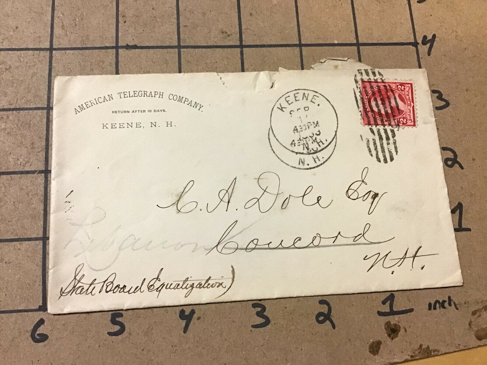Original Envelope: 1893 AMERICAN TELEGRAPH COMPANY keene NH